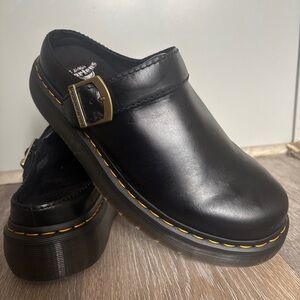 Dr. Martens Black Leather Clogs with Yellow Stitching